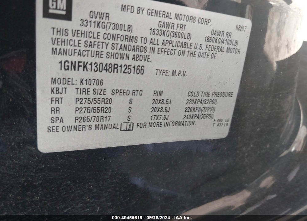 2007 CHEVROLET TAHOE LTZ VIN: 1GNFC13J77R146582