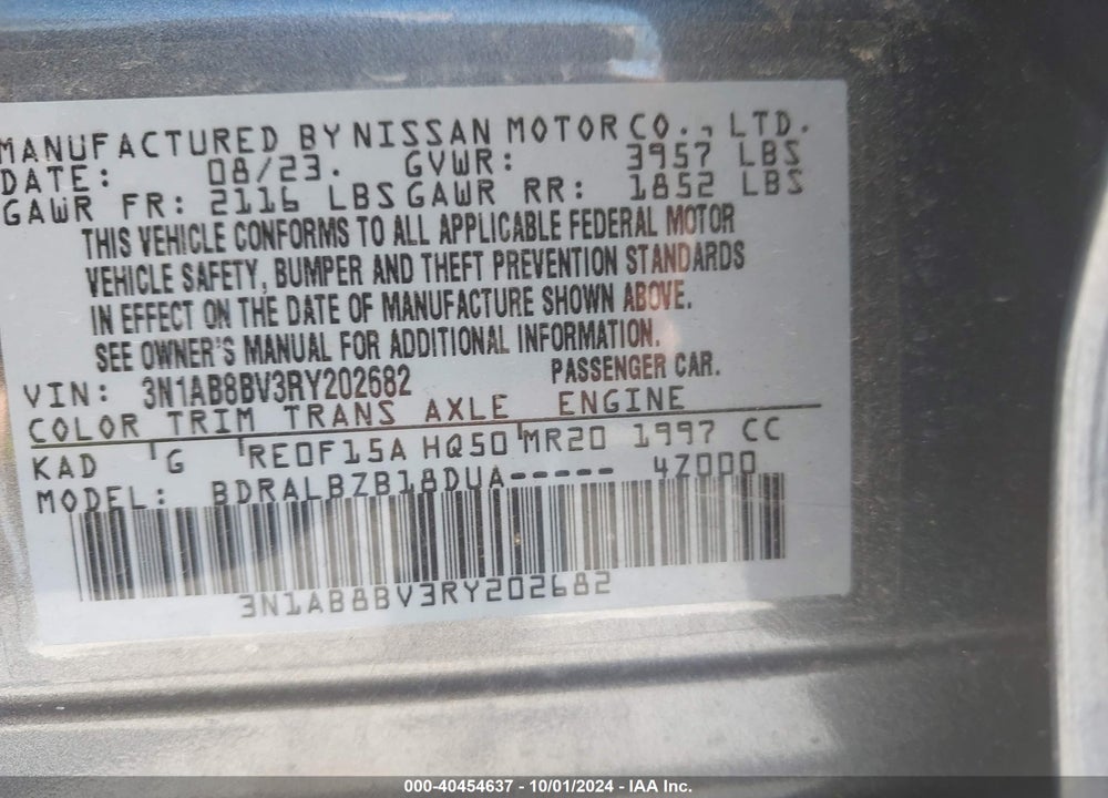 2024 NISSAN SENTRA S XTRONIC CVT VIN: 3N1AB8BV3RY202682