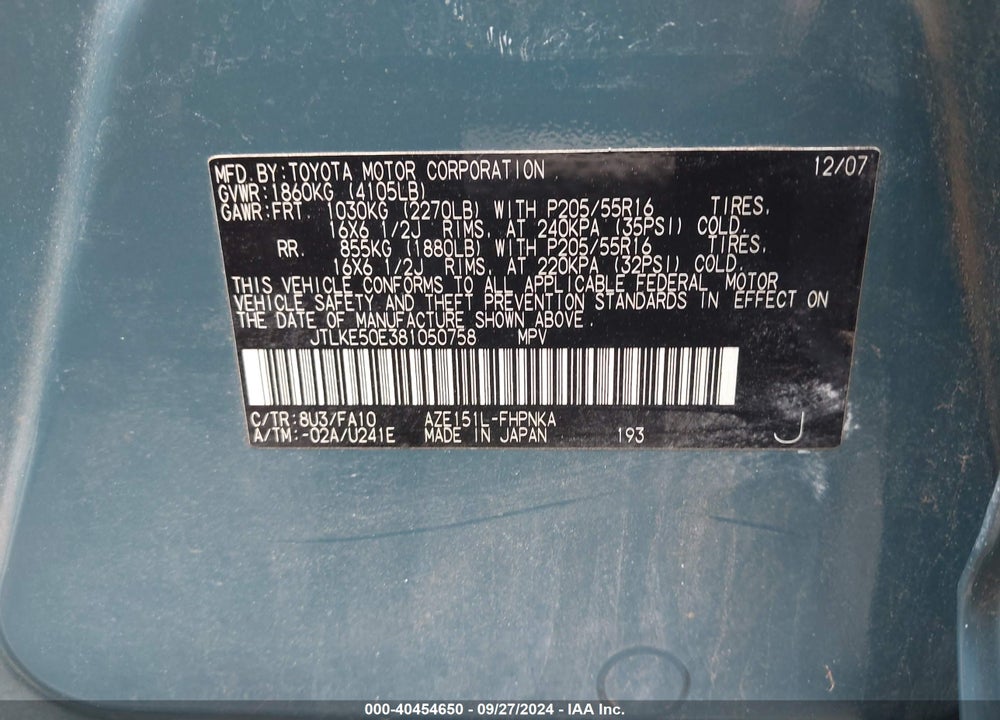 2008 SCION XB VIN: JTLKE50E381050758