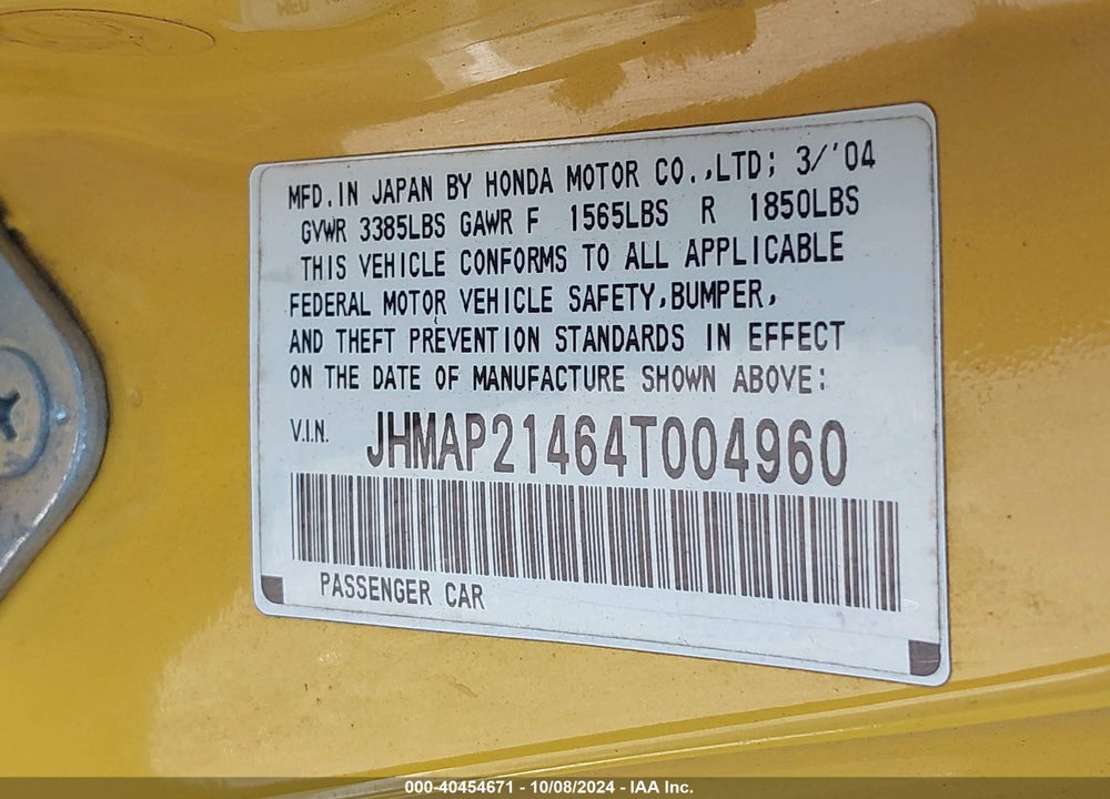 2004 HONDA S2000 VIN: JHMAP21464T004960