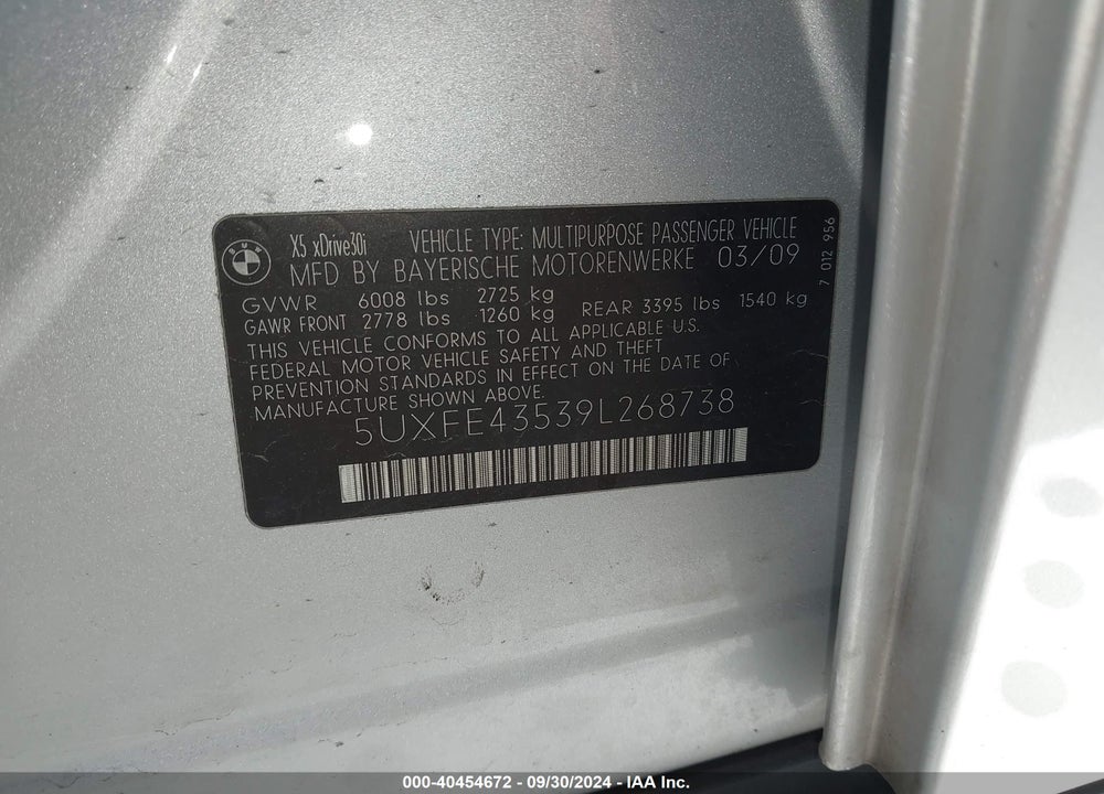 2009 BMW X5 XDRIVE30I VIN: 5UXFE43539L268738