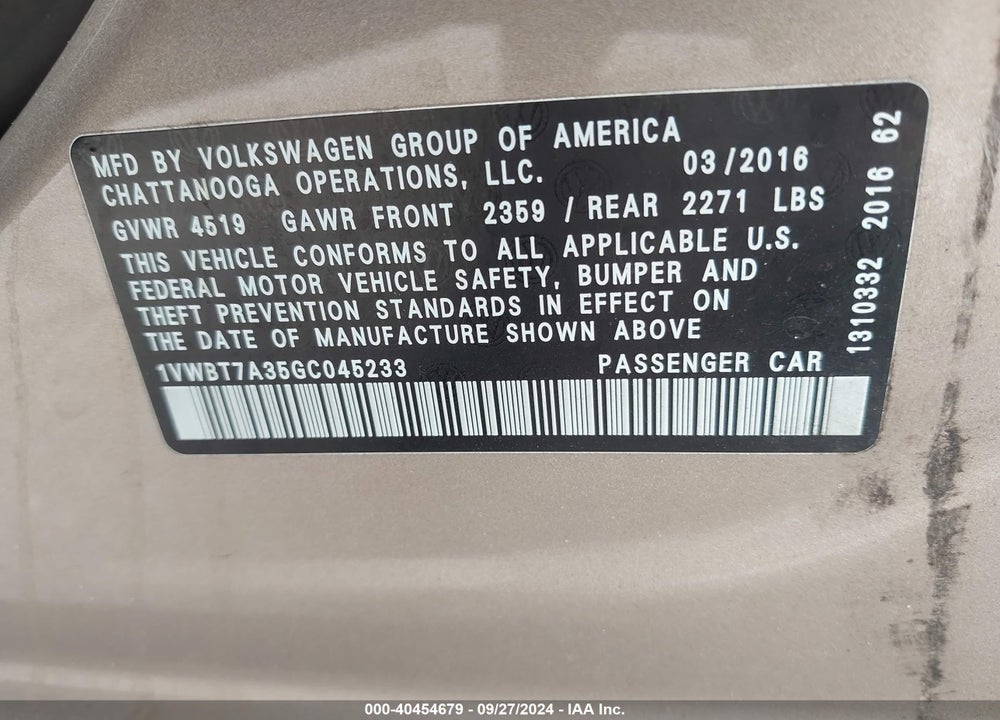 2016 VOLKSWAGEN PASSAT 1.8T SE VIN: 1VWBT7A35GC045233