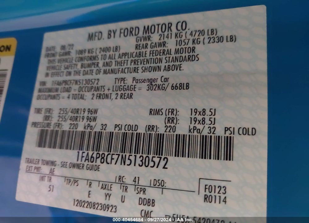 2022 FORD MUSTANG VIN: 1FA6P8CF7N5130572