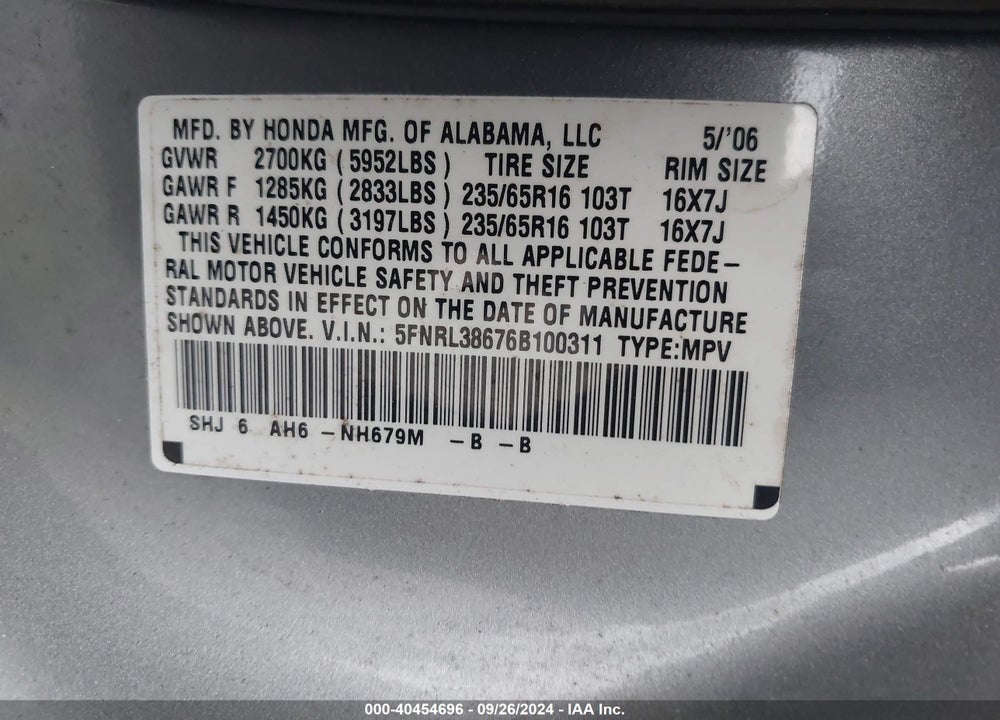 2006 HONDA ODYSSEY EX-L VIN: 5FNRL38676B100311