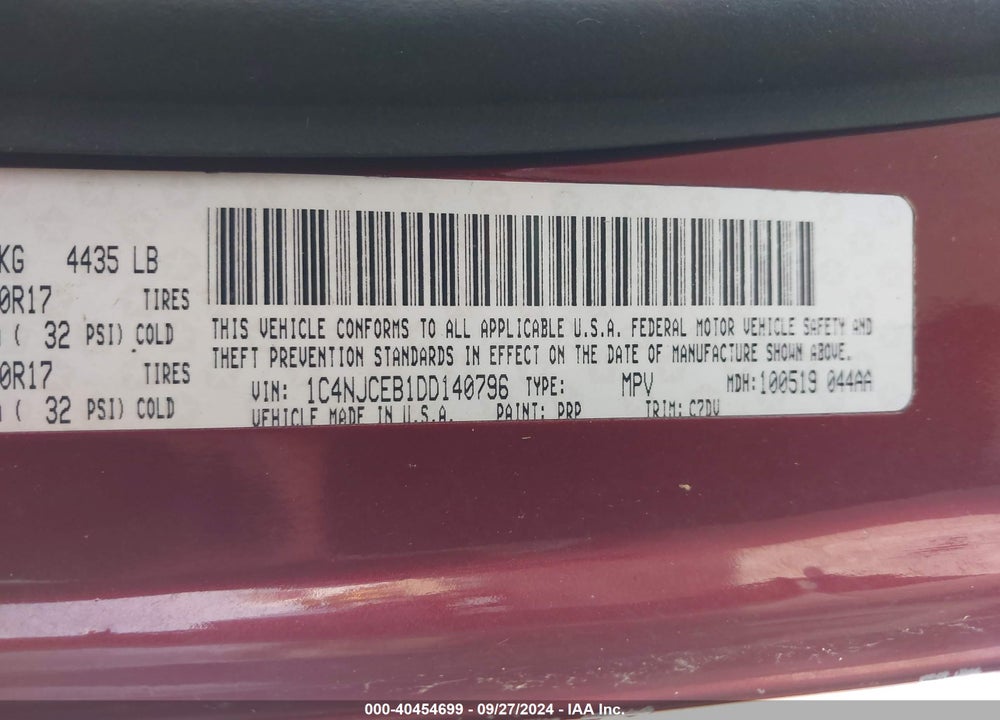 2013 JEEP COMPASS LATITUDE VIN: 1C4NJCEB1DD140796