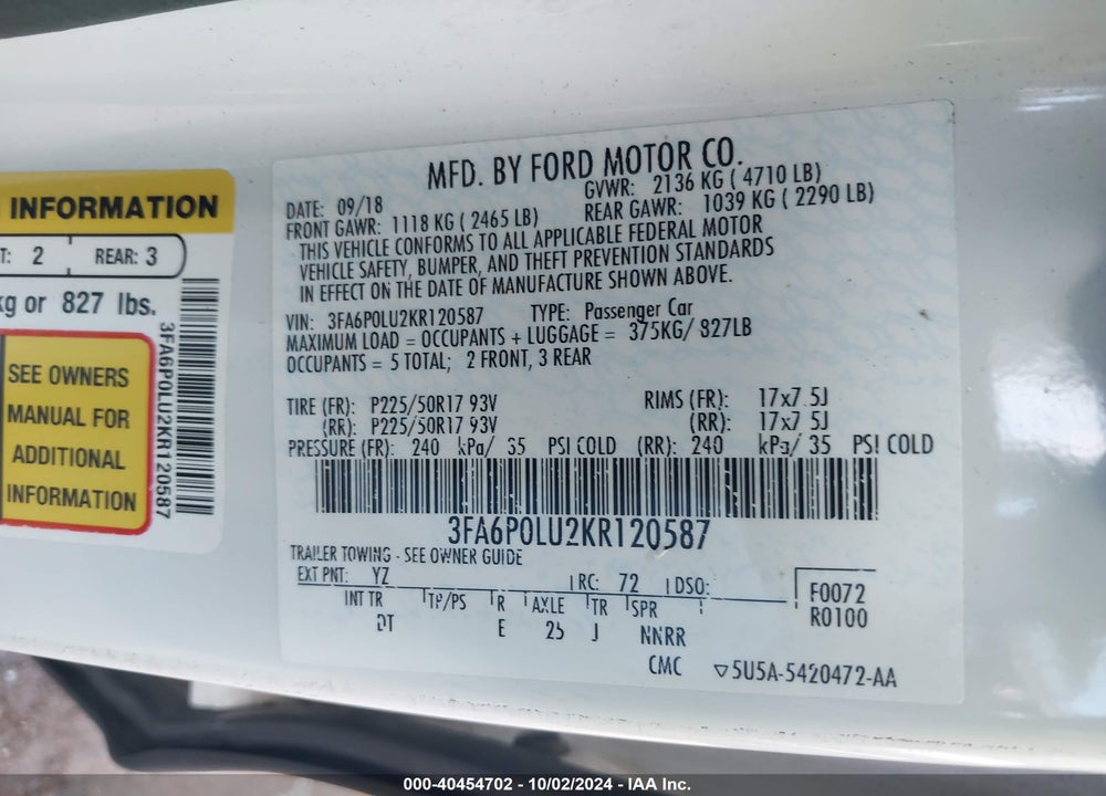 2019 FORD FUSION HYBRID SE VIN: 3FA6P0LU2KR120587