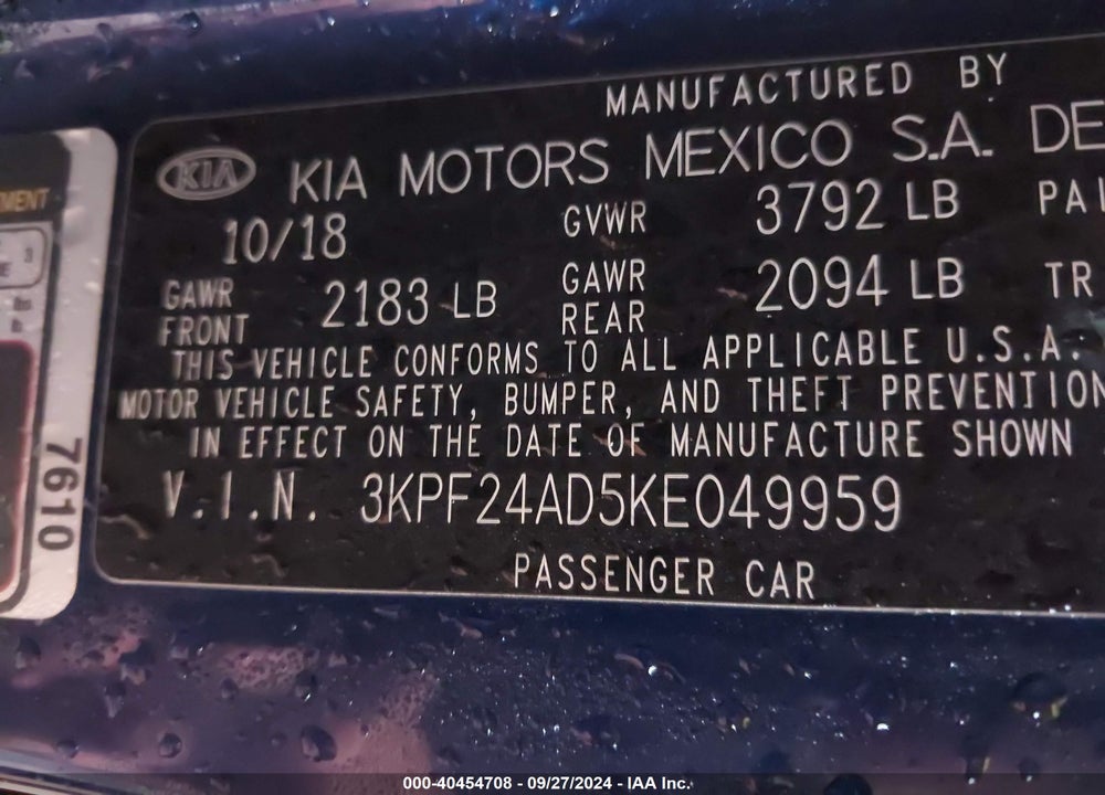 2019 KIA FORTE LXS VIN: 3KPF24AD5KE049959
