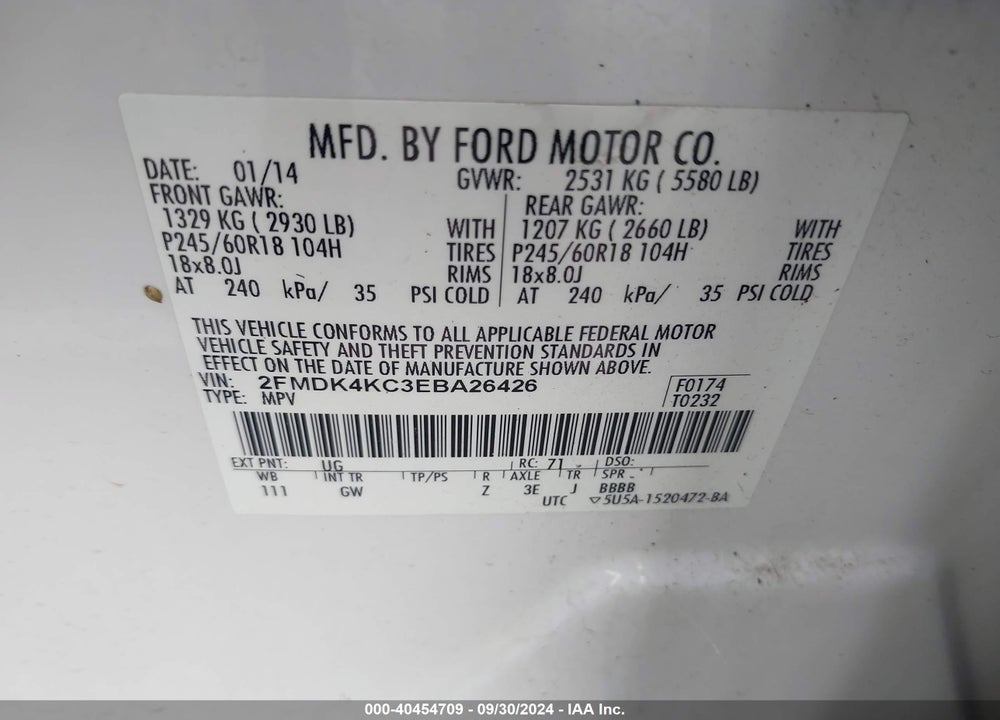 2014 FORD EDGE LIMITED VIN: 2FMDK4KC3EBA26426