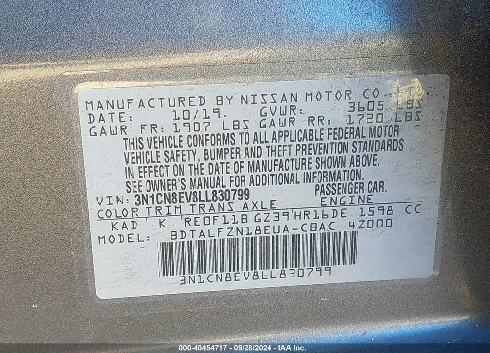 2020 NISSAN VERSA SV XTRONIC CVT VIN: 3N1CN8EV8LL830799