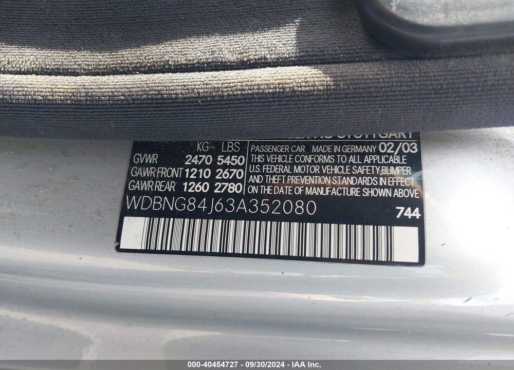 2003 MERCEDES-BENZ S 500 VIN: WDBNG84J63A352080