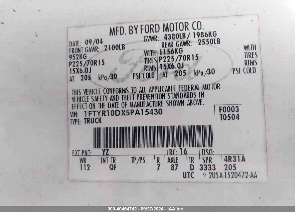 2005 FORD RANGER XL/XLS/XLT VIN: 1FTYR10DX5PA15430