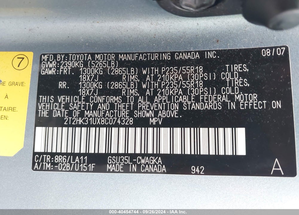 2008 LEXUS RX 350 VIN: 2T2HK31UX8C074328