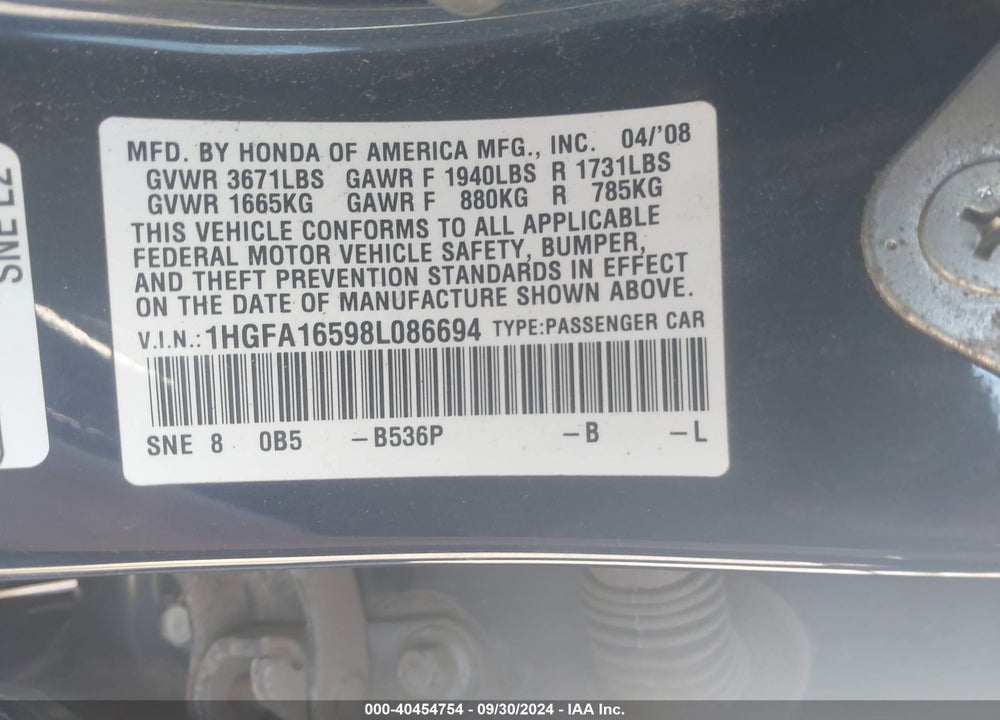 2008 HONDA CIVIC LX VIN: 1HGFA16598L086694