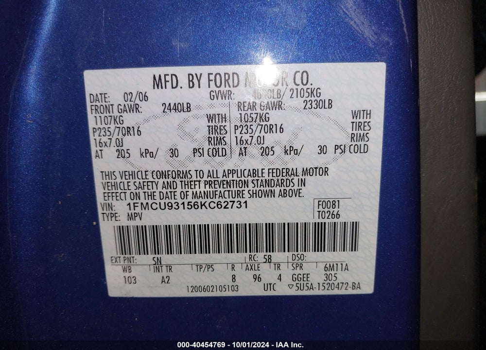 2006 FORD ESCAPE XLT/XLT SPORT VIN: 1FMCU93156KC62731