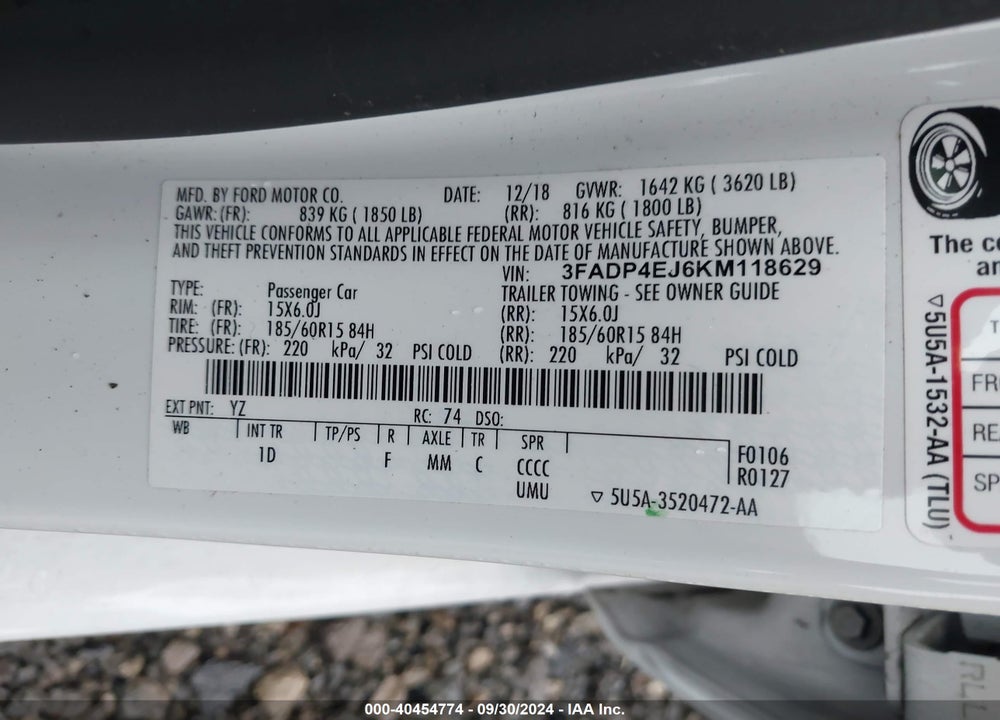 2019 FORD FIESTA SE VIN: 3FADP4EJ6KM118629