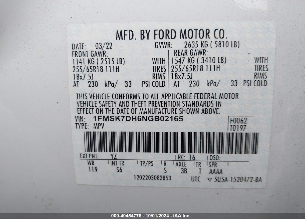 2022 FORD EXPLORER XLT VIN: 1FMSK7DH6NGB02165