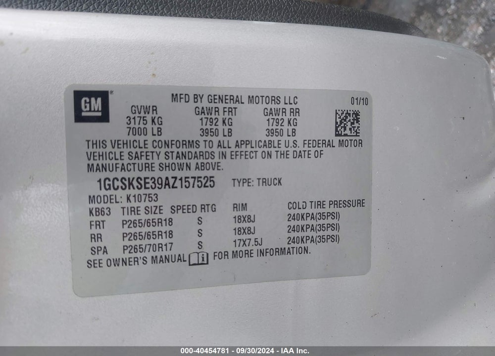 2010 CHEVROLET SILVERADO 1500 LT VIN: 1GCSKSE39AZ157525