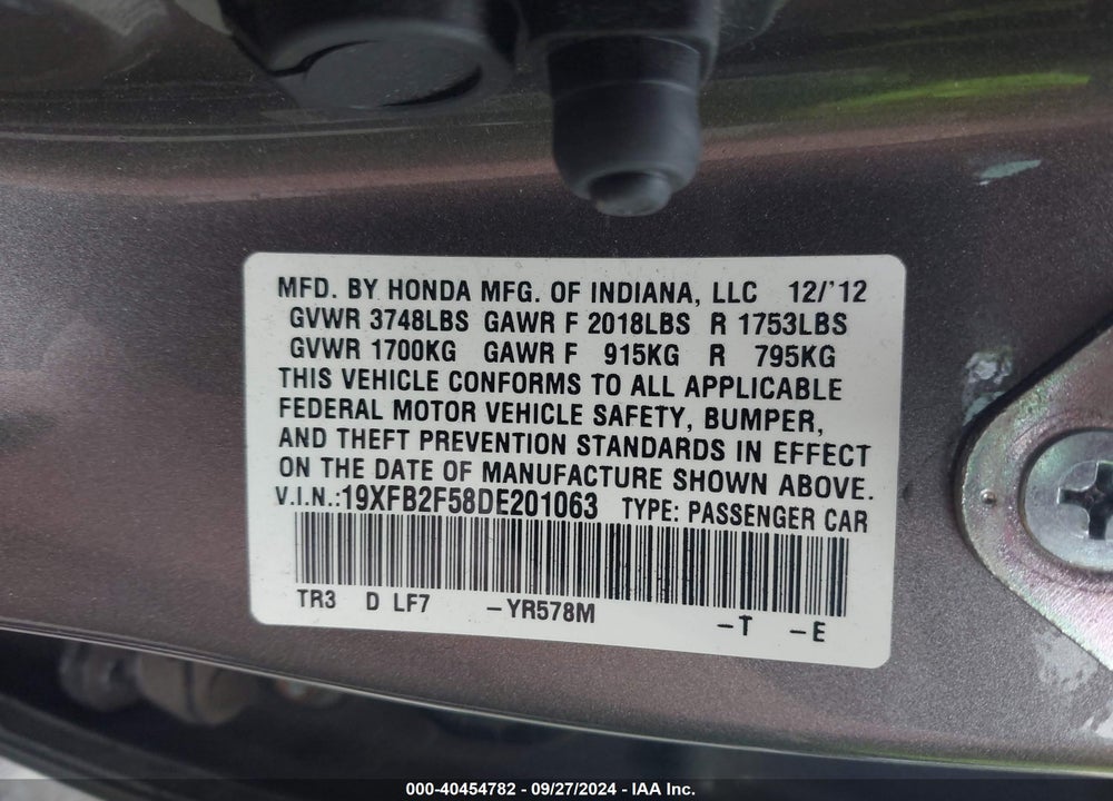 2013 HONDA CIVIC LX VIN: 19XFB2F58DE201063