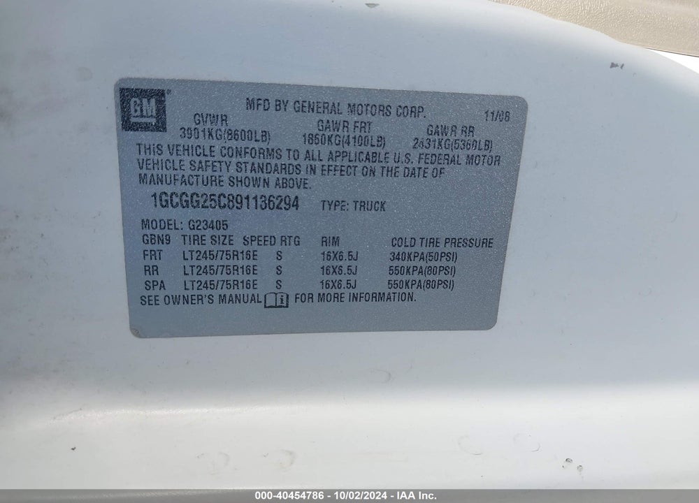 2009 CHEVROLET EXPRESS 2500 WORK VAN VIN: 1GCGG25C891136294