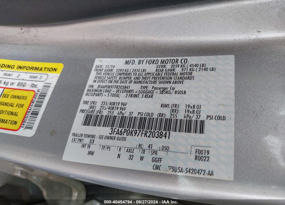 2015 FORD FUSION TITANIUM VIN: 3FA6P0K97FR203841