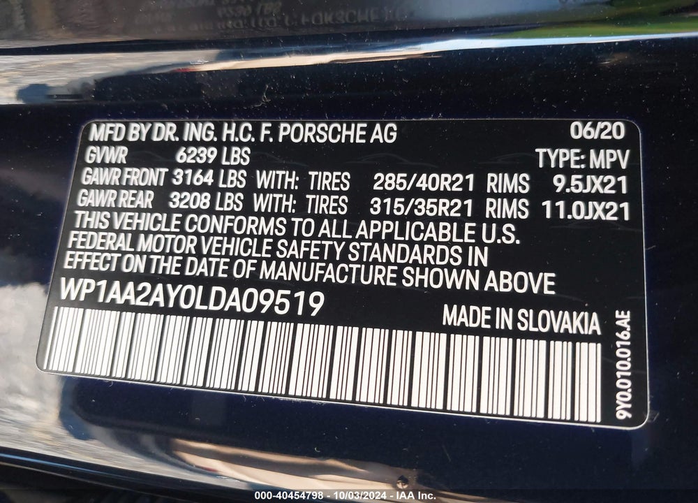 2020 PORSCHE CAYENNE VIN: WP1AA2AY0LDA09519