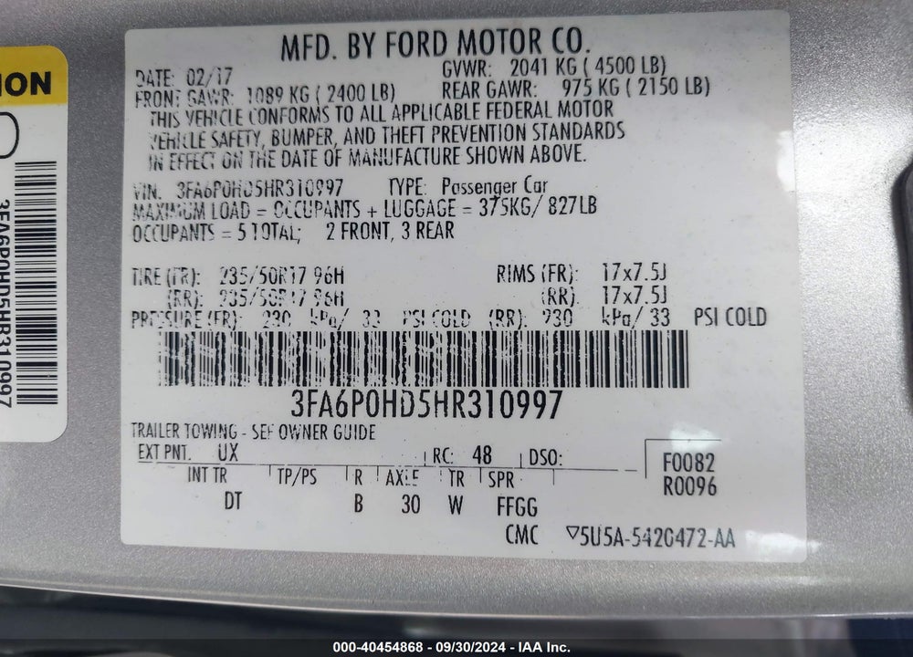 2017 FORD FUSION SE VIN: 3FA6P0HD5HR310997
