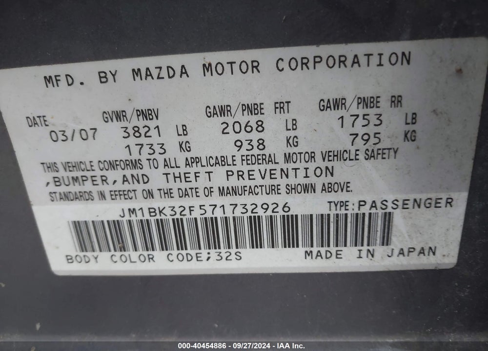 2007 MAZDA MAZDA3 VIN: JM1BK32F571732926