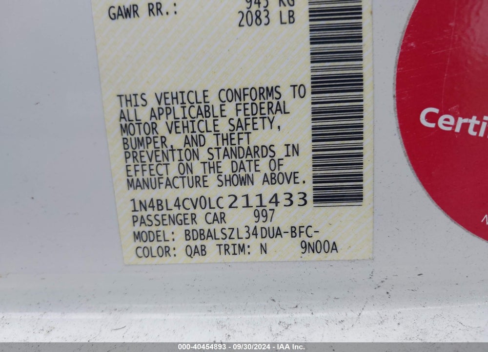 2020 NISSAN ALTIMA SR FWD VIN: 1N4BL4CV0LC211433