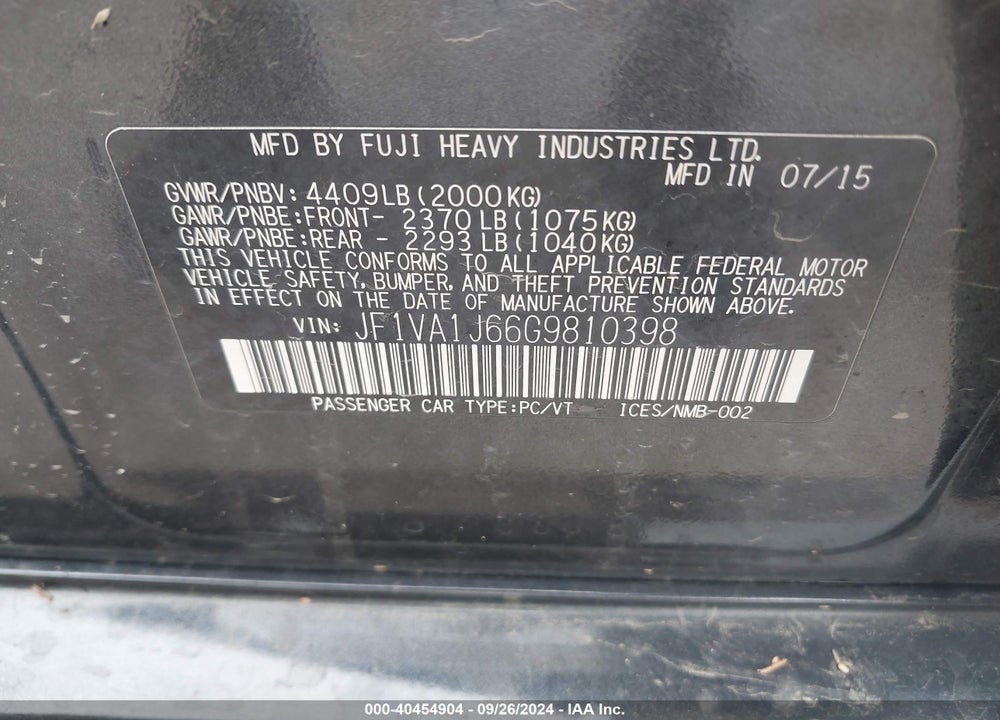 2016 SUBARU WRX VIN: JF1VA1J66G9810398