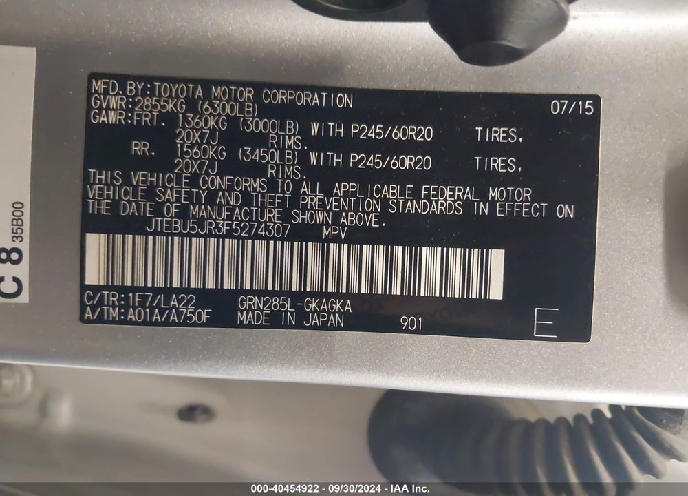 2015 TOYOTA 4RUNNER LIMITED VIN: JTEBU5JR3F5274307