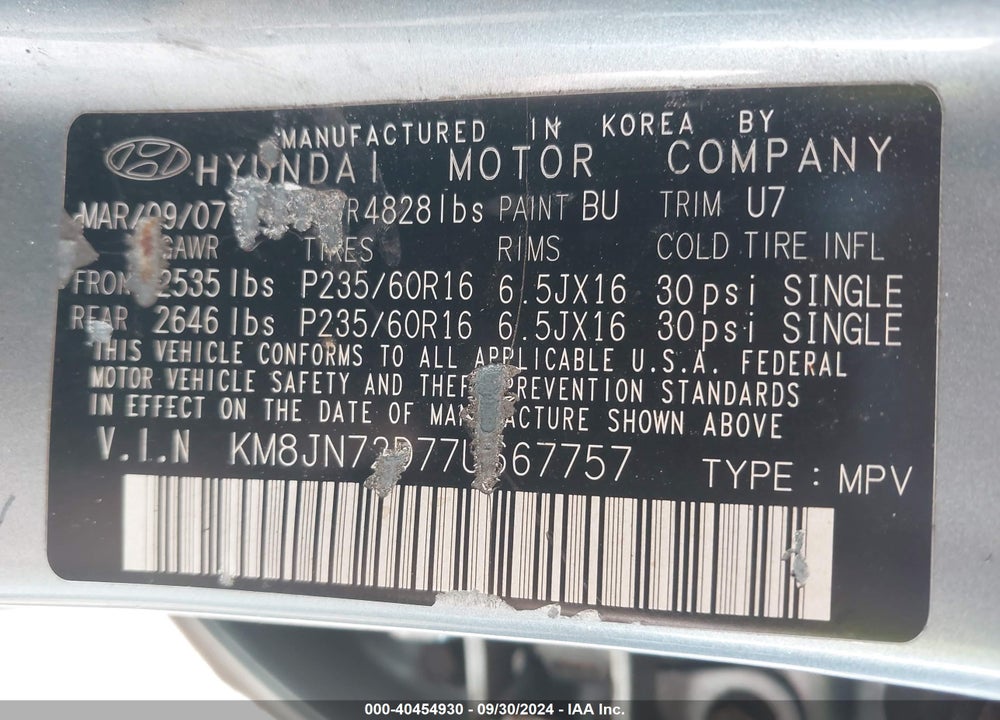 2007 HYUNDAI TUCSON LIMITED/SE VIN: KM8JN72D77U667757