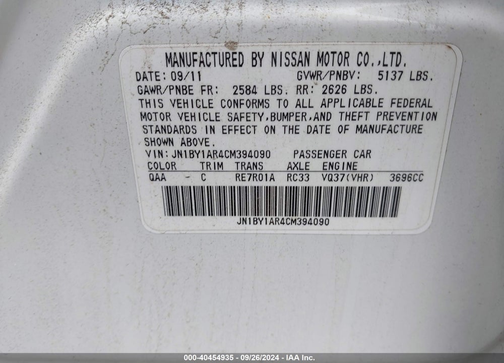 2012 INFINITI M37X VIN: JN1BY1AR4CM394090