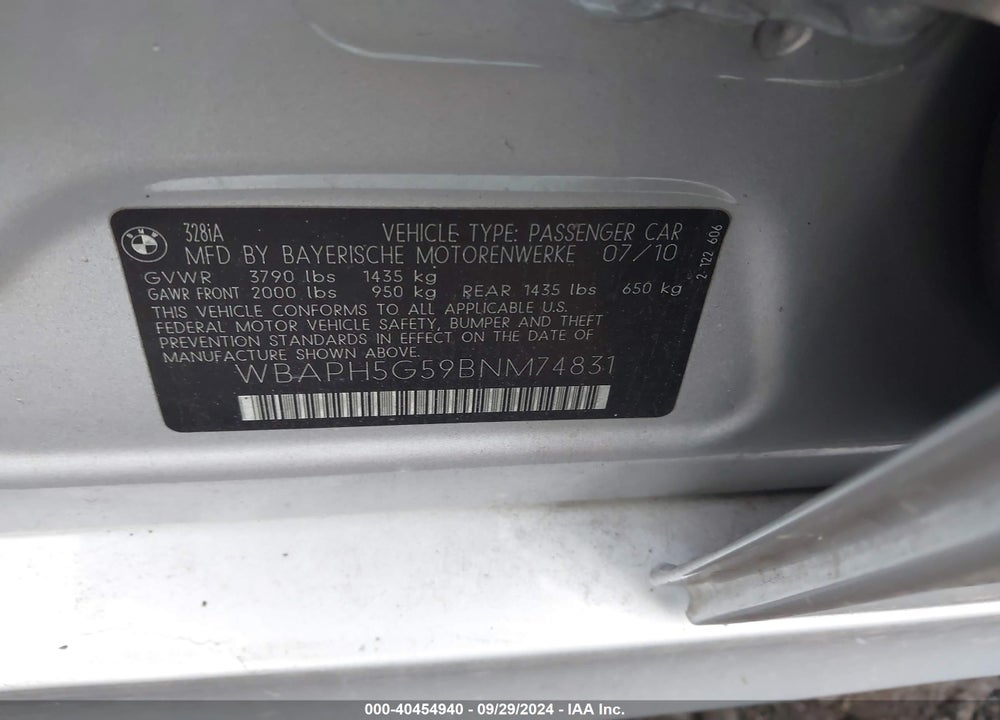 2011 BMW 328I VIN: WBAPH5G59BNM74831