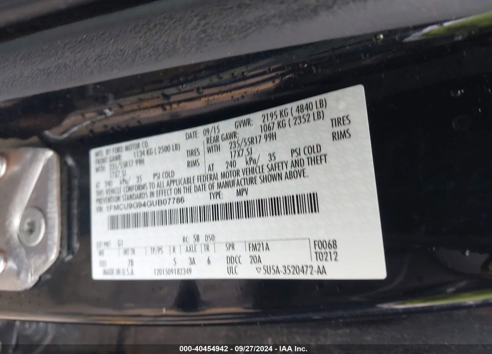 2016 FORD ESCAPE SE VIN: 1FMCU9G94GUB07786