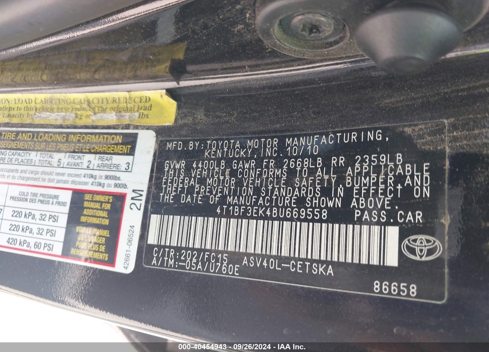 2011 TOYOTA CAMRY SE VIN: 4T1BF3EK4BU669558