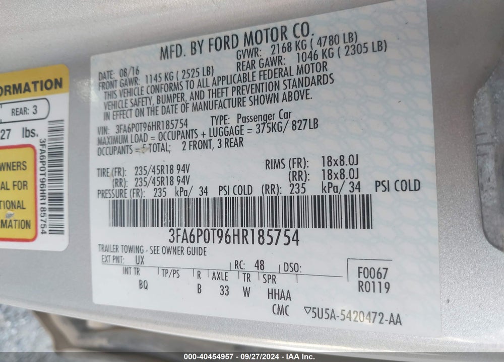 2017 FORD FUSION SE VIN: 3FA6P0T96HR185754