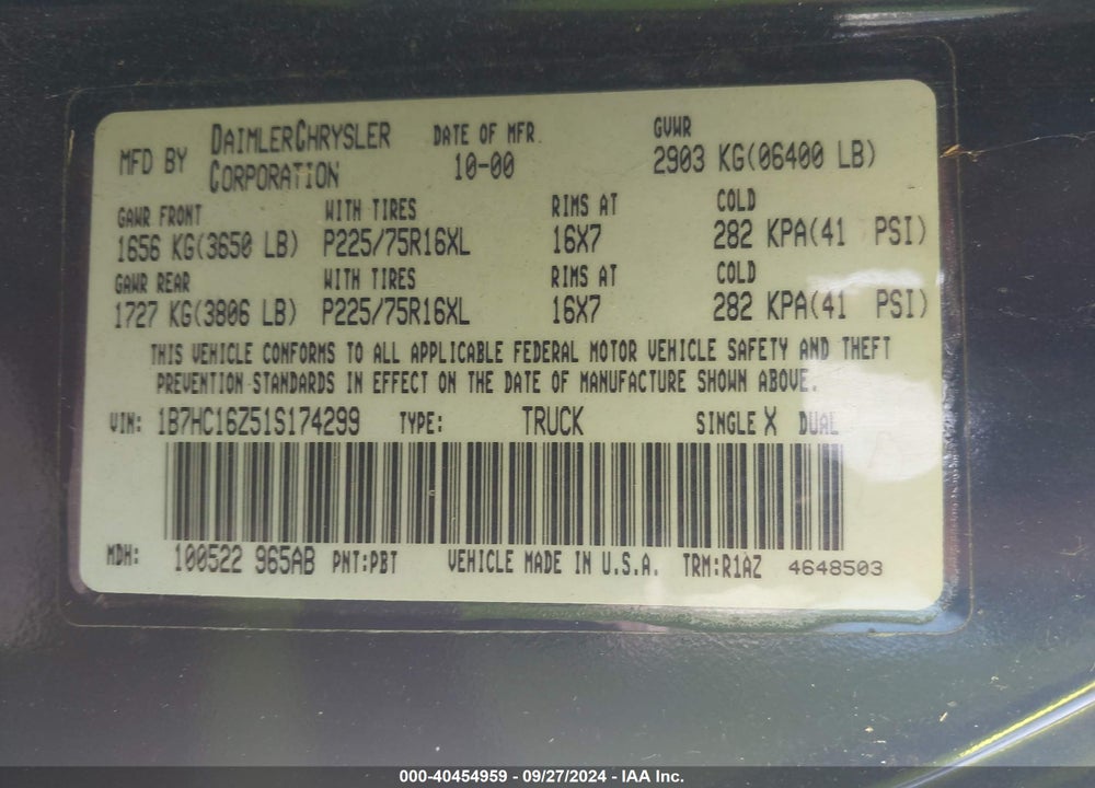 2001 DODGE RAM 1500 ST VIN: 1B7HC16Z51S174299