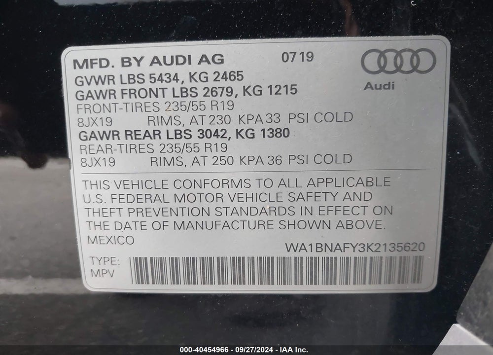 2019 AUDI Q5 45 PREMIUM VIN: WA1BNAFY3K2135620