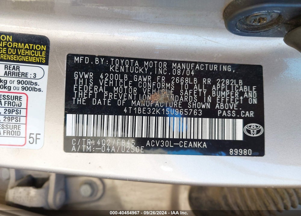 2005 TOYOTA CAMRY LE VIN: 4T1BE32K15U965763