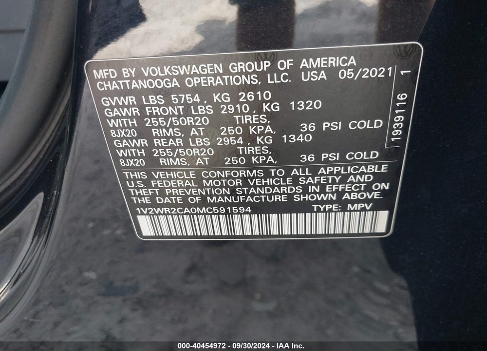 2021 VOLKSWAGEN ATLAS 3.6L V6 SE W/TECHNOLOGY VIN: 1V2WR2CA0MC591594