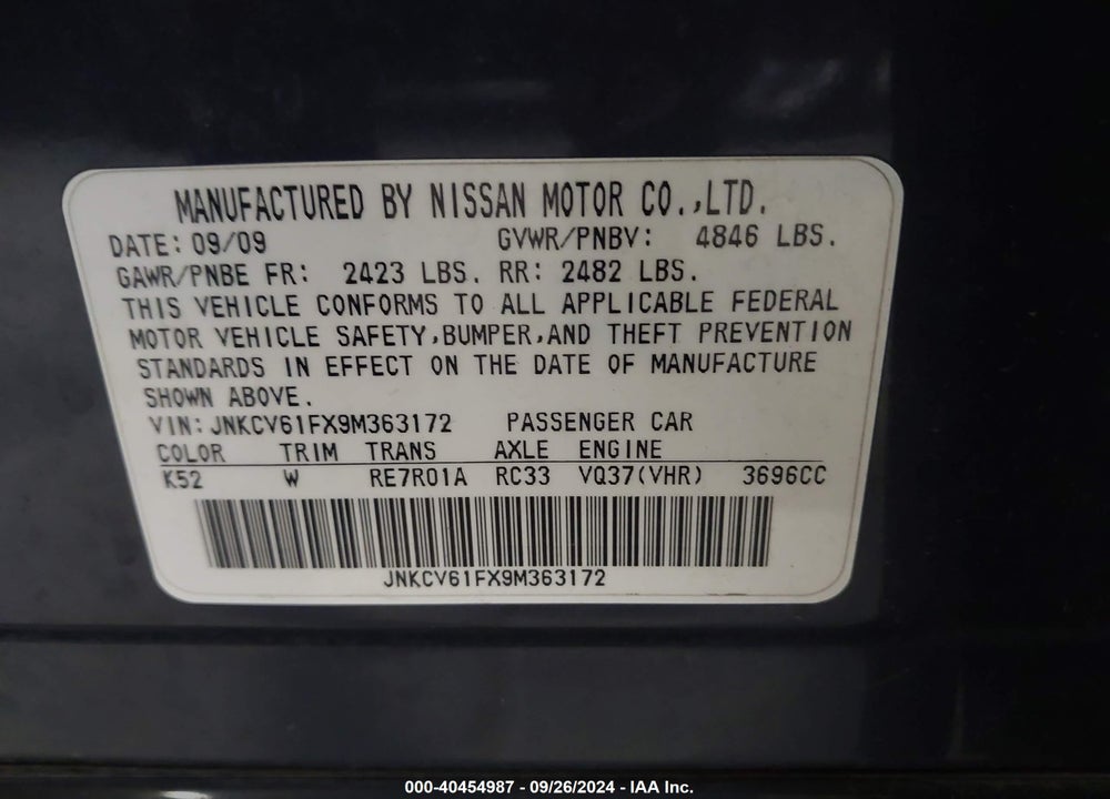 2009 INFINITI G37X VIN: JNKCV61FX9M363172