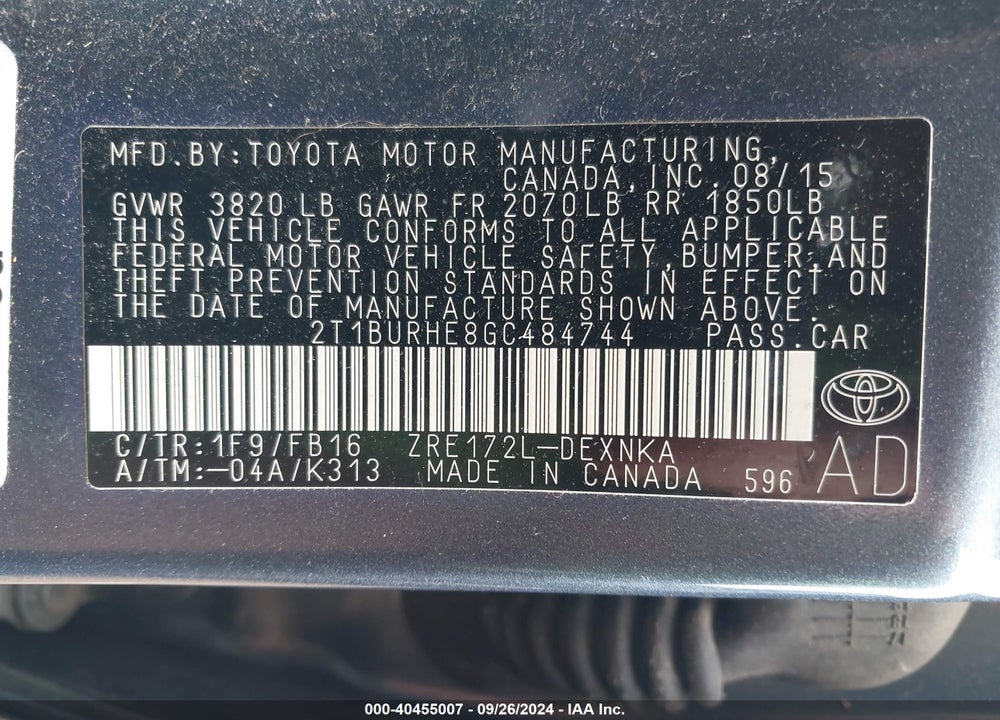 2016 TOYOTA COROLLA LE VIN: 2T1BURHE8GC484744