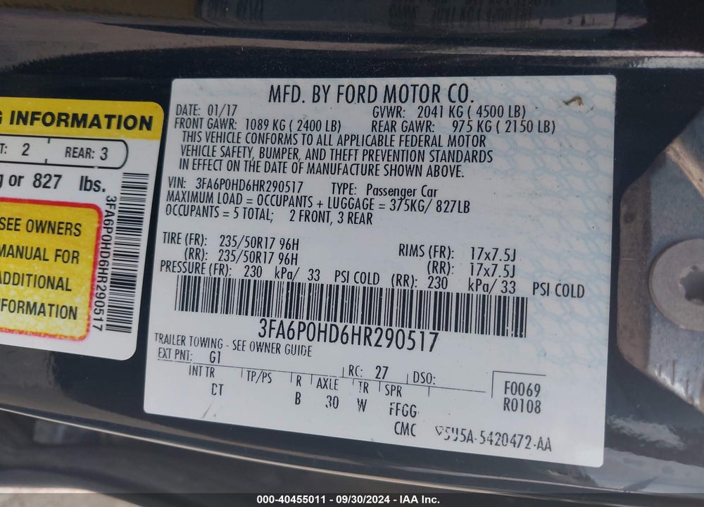 2017 FORD FUSION SE VIN: 3FA6P0HD6HR290517