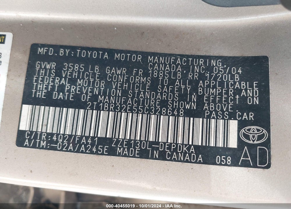 2005 TOYOTA COROLLA CE VIN: 2T1BR32E55C328648