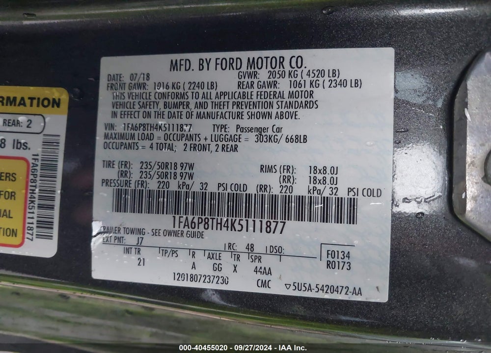 2019 FORD MUSTANG ECOBOOST VIN: 1FA6P8TH4K5111877