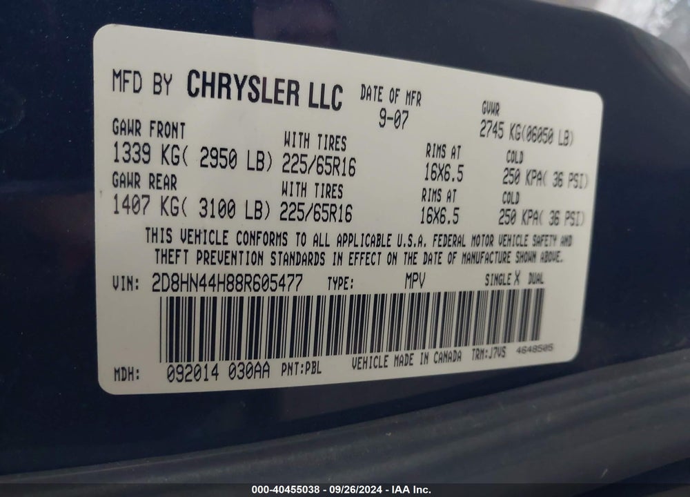 2008 DODGE GRAND CARAVAN SE VIN: 2D8HN44H88R605477