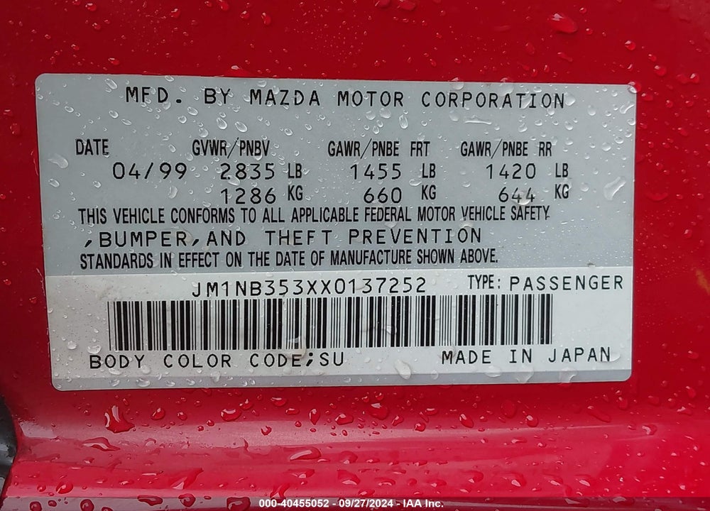 1999 MAZDA MX-5 MIATA LEATHER PKG/POPULAR EQUIPMENT PKG/SPORTS PKG/TOURING PKG VIN: JM1NB353XX0137252