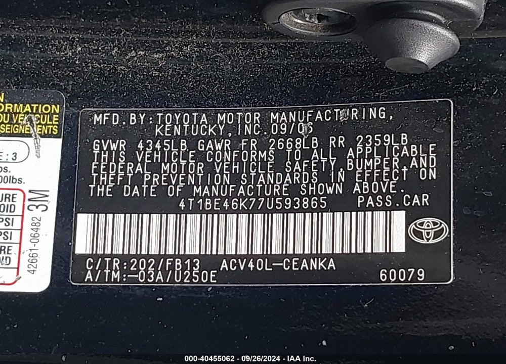 2007 TOYOTA CAMRY LE VIN: 4T1BE46K77U593865