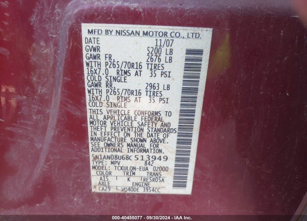 2008 NISSAN XTERRA X VIN: 5N1AN08U68C513949