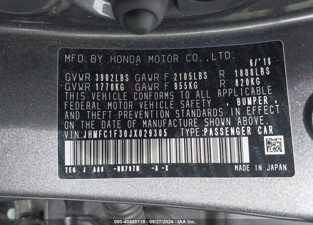 2018 HONDA CIVIC EX-T VIN: JHMFC1F30JX029305